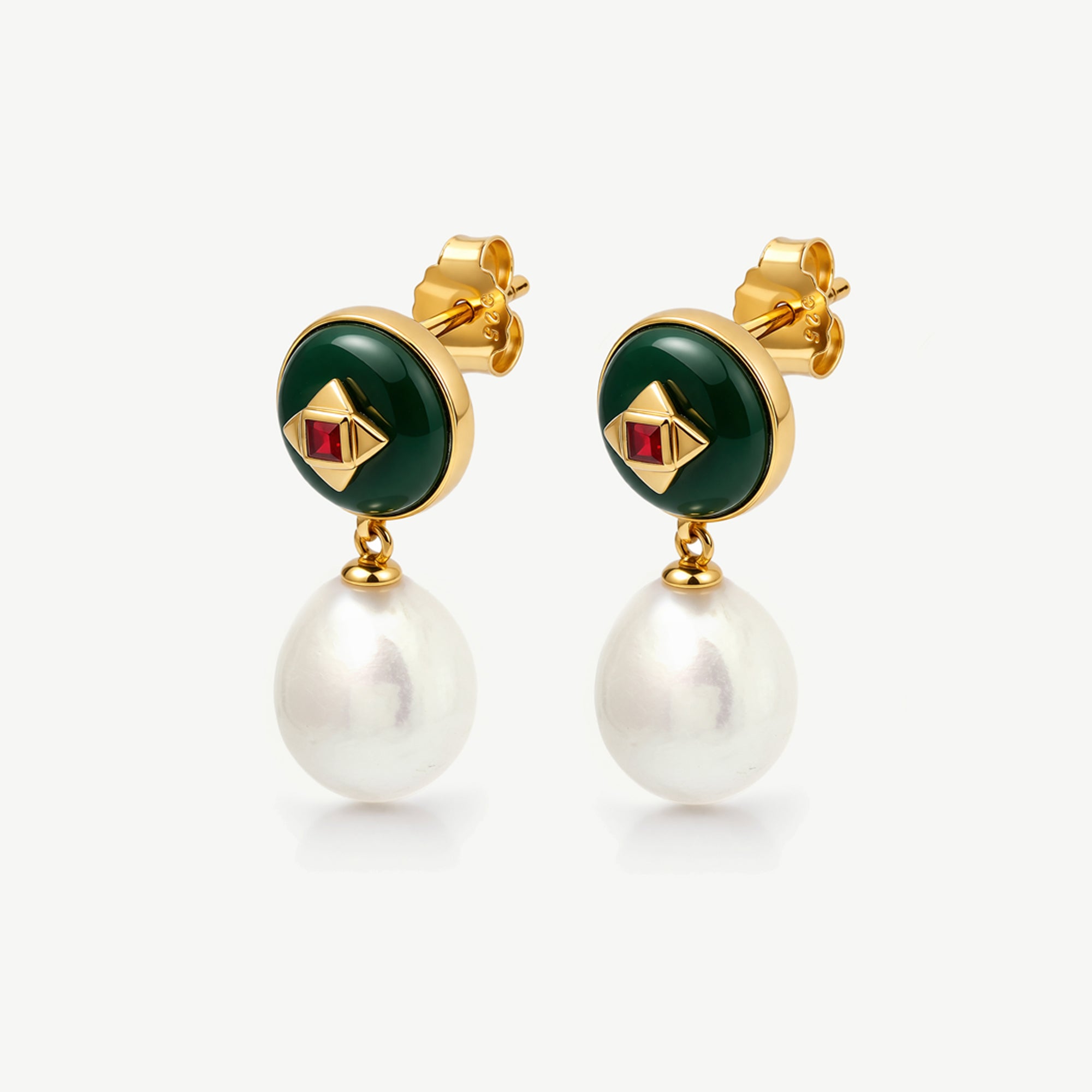 Aphrodite Eyes Earrings with Malachite, Pearl & Garnet – 18k Gold Plated