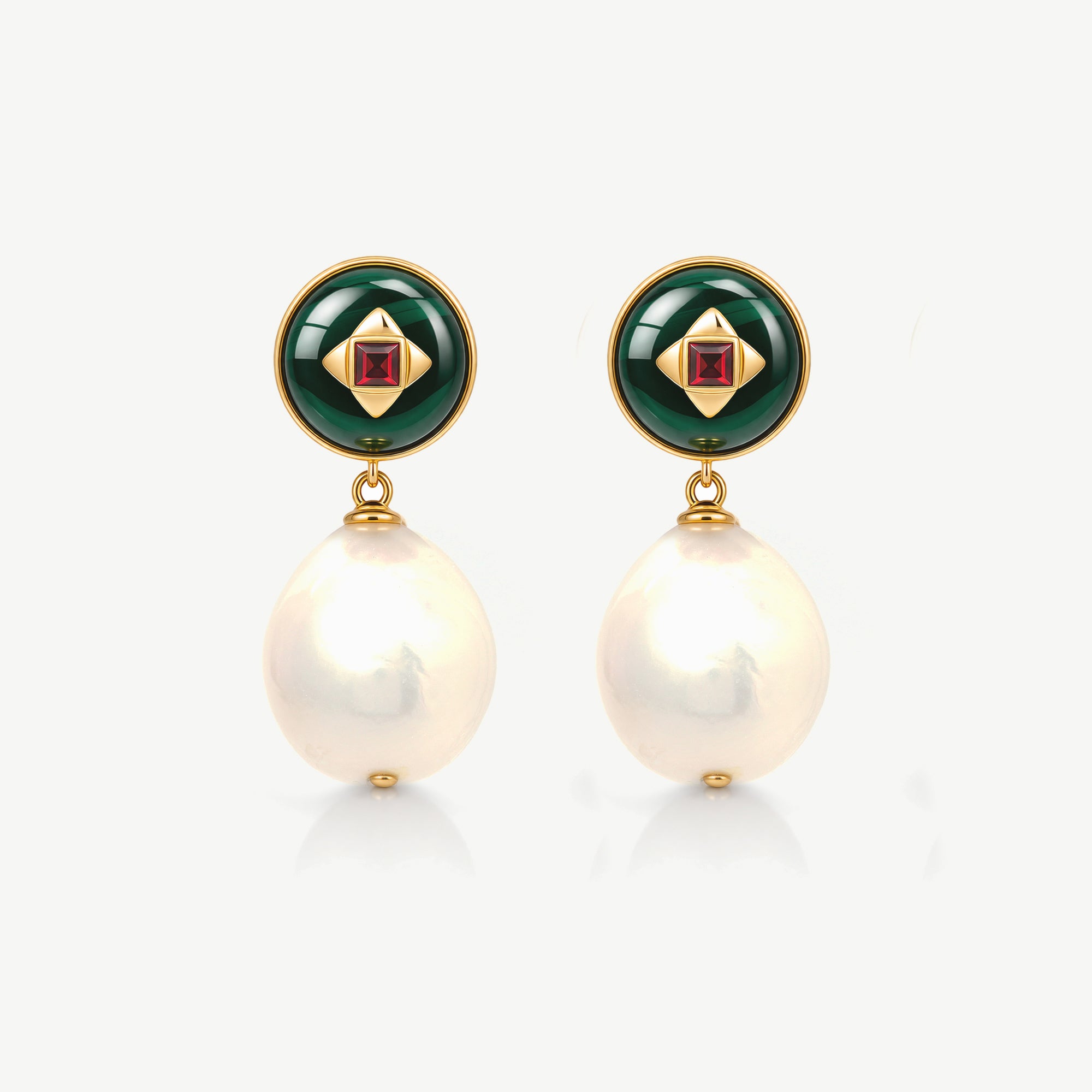 Aphrodite Eyes Earrings with Malachite, Pearl & Garnet – 18k Gold Plated