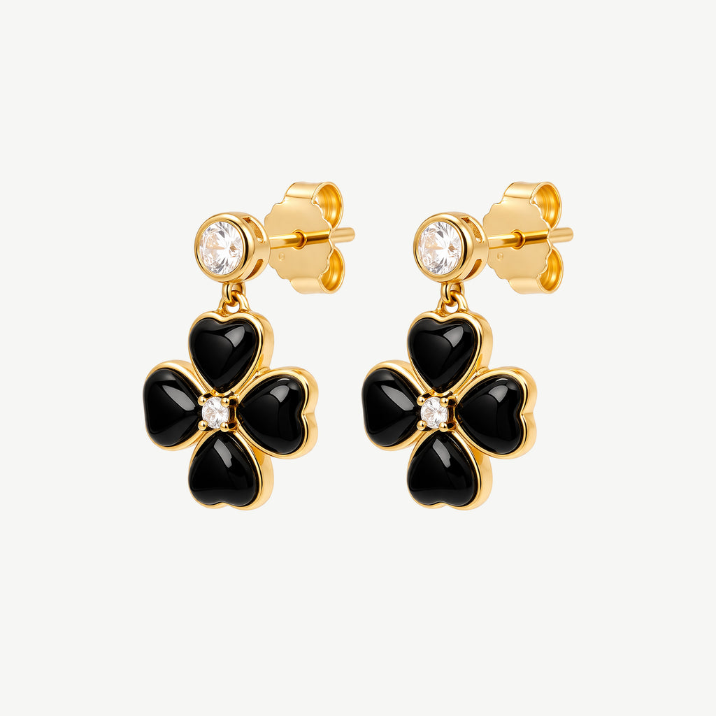 Spring Blossom Earrings with  Black Agate– 18k Gold Finish