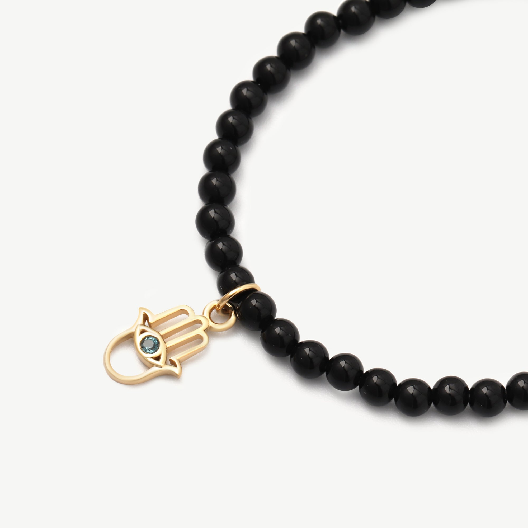 Arin Signature Bracelet in Black Agate (3 mm.) with Hamsa Charm – 18k Gold Plated