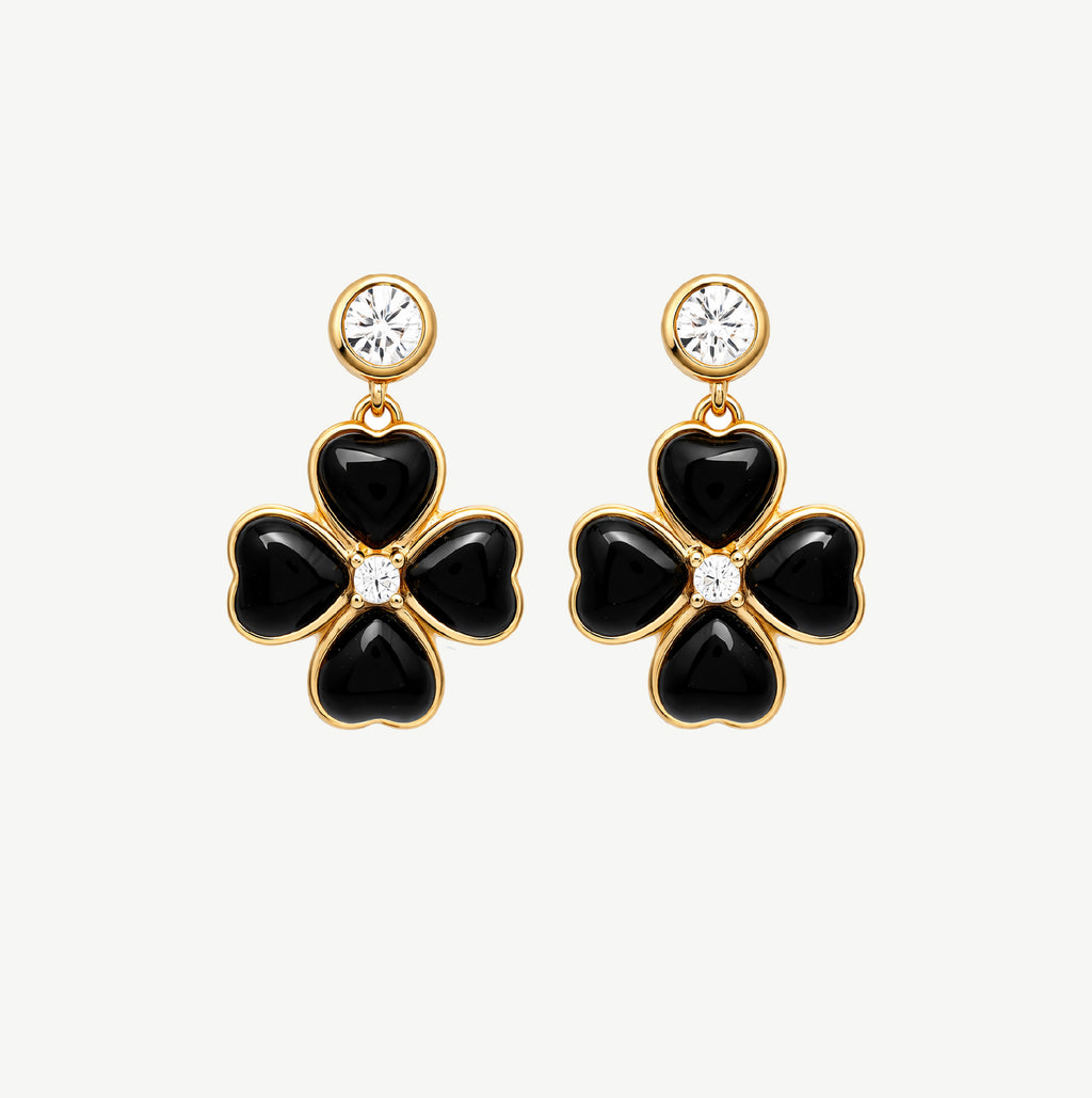 Spring Blossom Earrings with  Black Agate– 18k Gold Finish